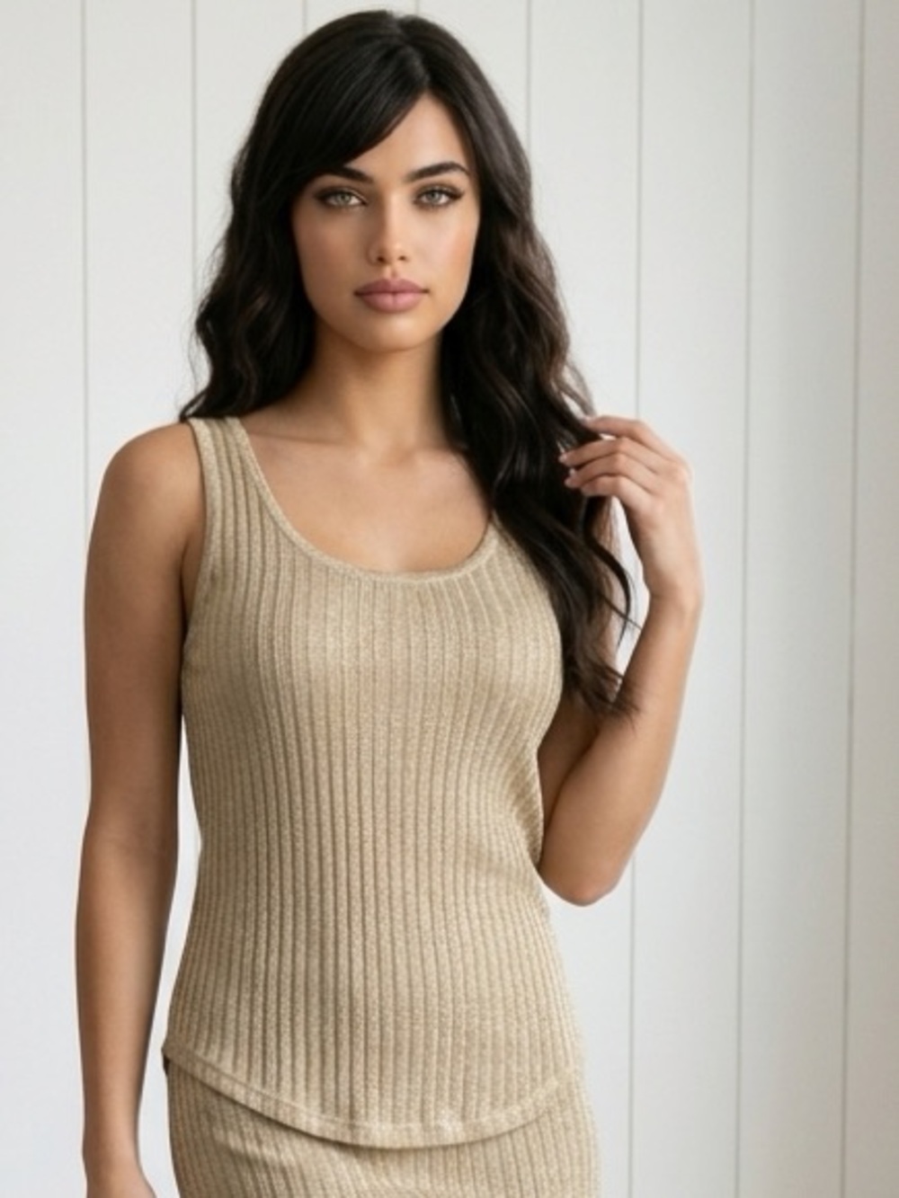 Cache Women’s Beige Ribbed Knit Tank Top Women’s Small Metallic Thread Stretch